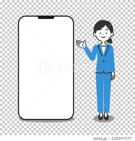 Illustration of a woman in a pantsuit standing next to a large smartphone 128547577