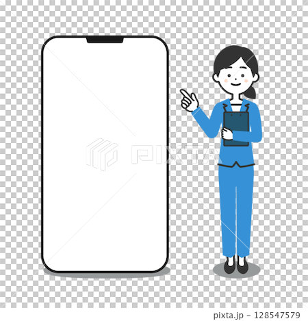 圖：一位身穿褲裝的女士站在大型智慧型手機旁邊 128547579