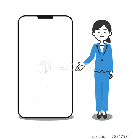 大きなスマホの横に立つパンツスーツ姿の女性イラスト 128547580