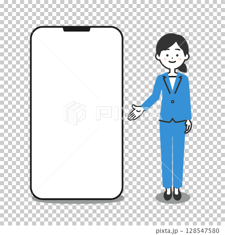 大きなスマホの横に立つパンツスーツ姿の女性イラスト 128547580