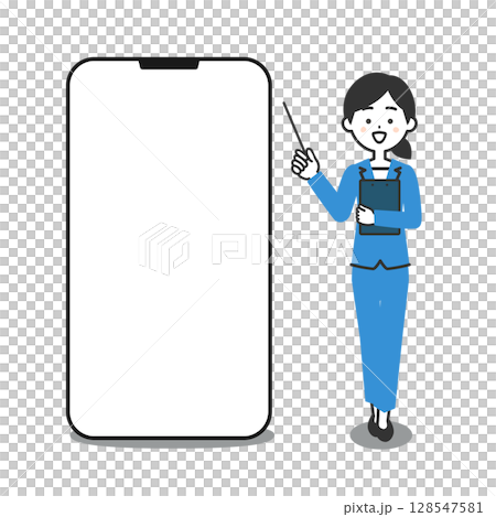 圖：一位身穿褲裝的女士站在大型智慧型手機旁邊 128547581
