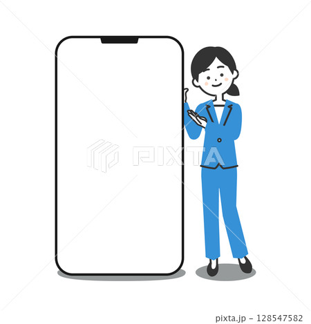 大きなスマホの横に立つパンツスーツ姿の女性イラスト 128547582