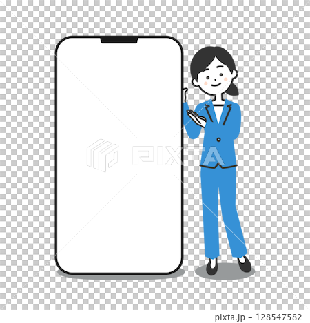 大きなスマホの横に立つパンツスーツ姿の女性イラスト 128547582