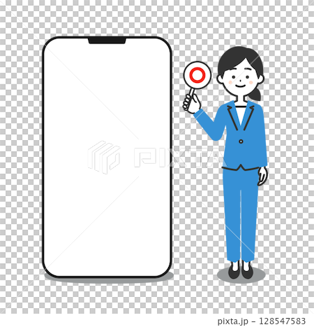 圖:一位身穿褲裝的女士站在大型智慧型手機旁邊 圖:一位身穿褲裝的女士站在大型智慧型手機旁邊 128547583