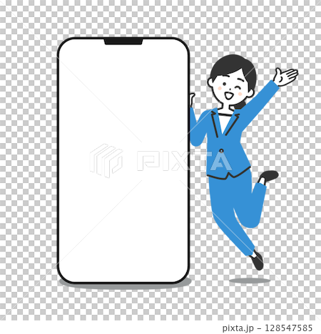一名身穿褲裝的女子在大型智慧型手機旁跳躍的插圖 128547585