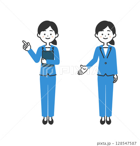 手で指すパンツスーツ姿の女性イラスト 手で指すパンツスーツ姿の女性イラスト 128547587