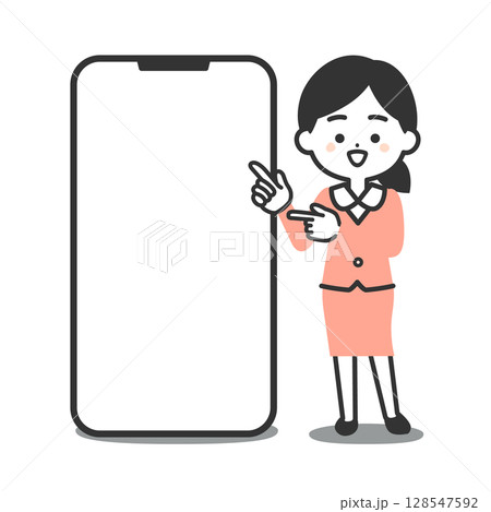 大きなスマホの横に立つスーツ姿の3頭身女性イラスト 128547592