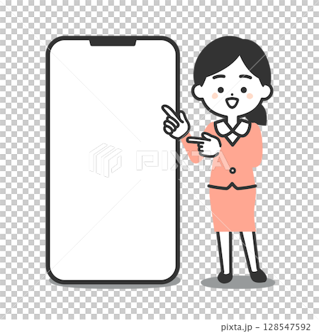大きなスマホの横に立つスーツ姿の3頭身女性イラスト 128547592