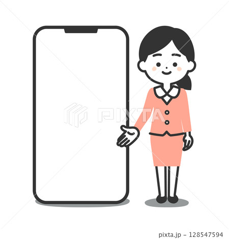 大きなスマホの横に立つスーツ姿の3頭身女性イラスト 128547594
