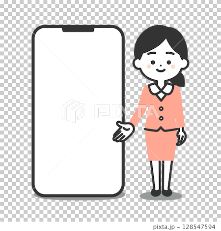 大きなスマホの横に立つスーツ姿の3頭身女性イラスト 128547594