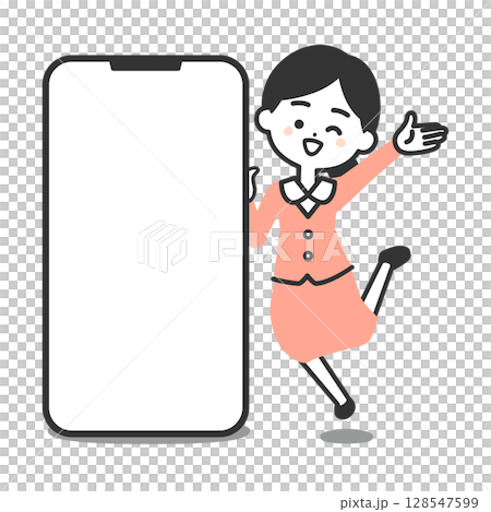 一位身穿西裝的立體女性在大型智慧型手機旁跳躍的插圖 128547599