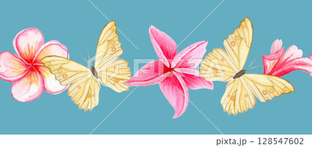 Yellow butterflies, pink tropical plumeria flowers seamless watercolor border on teal. Hand-painted perfect for summer wedding invitations, exotic packaging design, textile, seasonal decorative 128547602