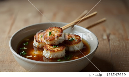 Folded Korean Fish Cakes on Wooden Skewers in Paper Bowl of Broth With Rising Steam and Empty Upper Left Visual Space 128547639
