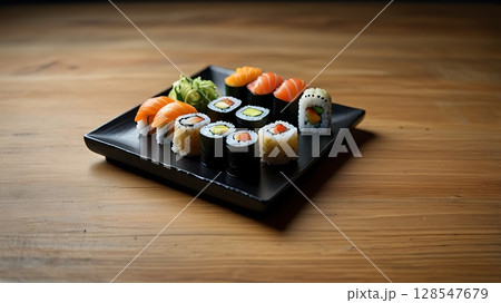 Assorted sushi and wasabi on a black plate sitting on a wooden table 128547679