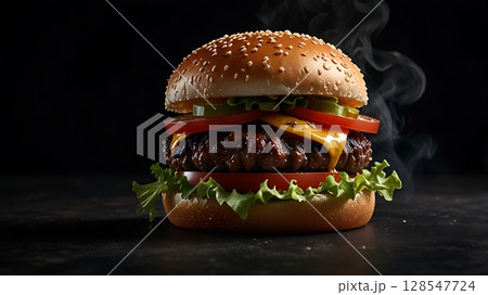 Top View of Juicy Half Beef Burger with Warm Moody Light and Soft Steam Over Dark Textured Background 128547724