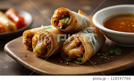 Golden Fried Spring Rolls Stacked on Handmade...のイラスト素材 [128547760] - PIXTA