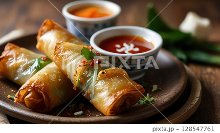 Crispy Golden Spring Rolls Stacked on Rustic Plate with Dipping Sauce in Natural Light from Left Tilted Camera Angle Crispy Golden Spring Rolls Stacked on Rustic Plate with Dipping Sauce in Natural Light from Left Tilted Camera Angle 128547761