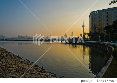 Macau Skyline at sunset with Macau Tower Macau Skyline at sunset with Macau Tower 128547790
