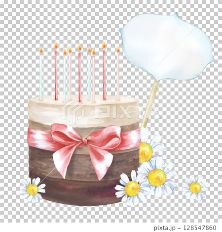 A chocolate cake tied with a pink ribbon, with burning candles, white daisies and a sign for the inscription. Watercolor illustration of a festive dessert. A template for postcards, invitations, and A chocolate cake tied with a pink ribbon, with burning candles, white daisies and a sign for the inscription. Watercolor illustration of a festive dessert. A template for postcards, invitations, and 128547860