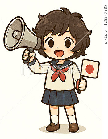 メガホンで応援する女性イラスト！日本人の学生！10代中学生から高校生ぐらいの元気な制服笑顔ガール 128547885