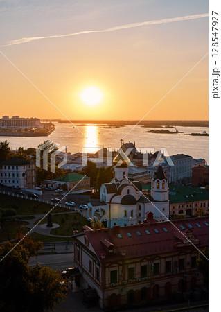 Sunset Panorama of Nizhny Novgorod with Churches and Riverscape 128547927