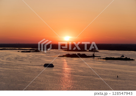 Golden Sunset Over Volga River with Cruising Ship Golden Sunset Over Volga River with Cruising Ship 128547943