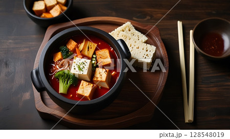 bowl of tofu stew with vegetables and bread on a wooden tray set 128548019