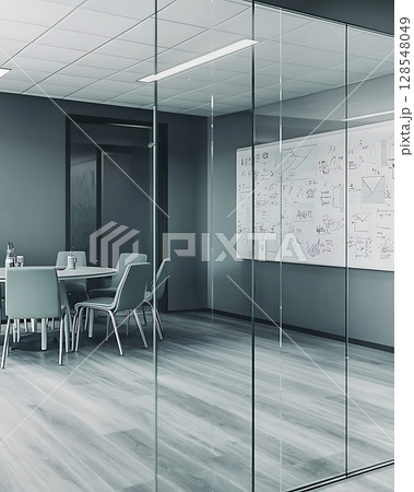 A glass room with a white board on the wall 128548049