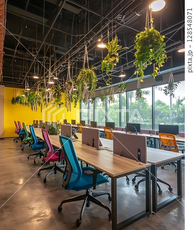 A bright yellow wall with a green plant hanging from the ceiling 128548071