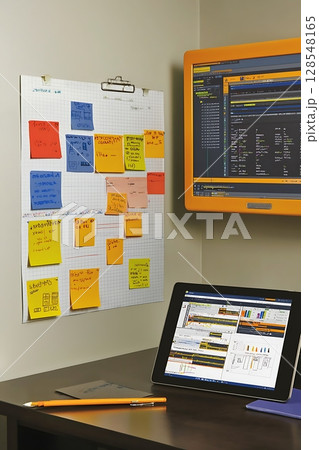 A white board with a lot of notes on it and a tablet computer 128548165