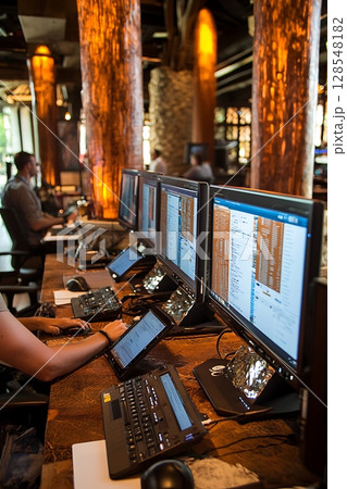 A group of people are working on computers in a room with wooden pillars 128548182