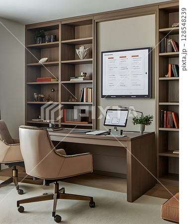 A home office with a large desk and two leather chairs 128548239