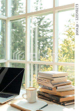 A laptop sits on a desk next to a stack of books and a white coffee mug 128548273