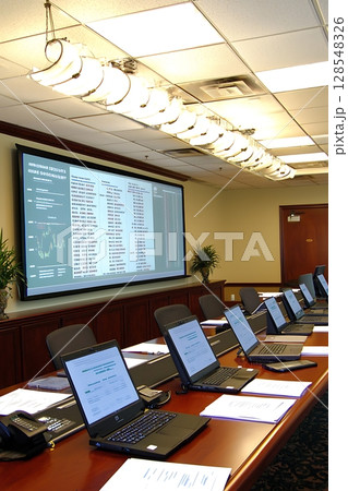 A large screen is on the wall in a room with a group of people sitting at a tabl 128548326