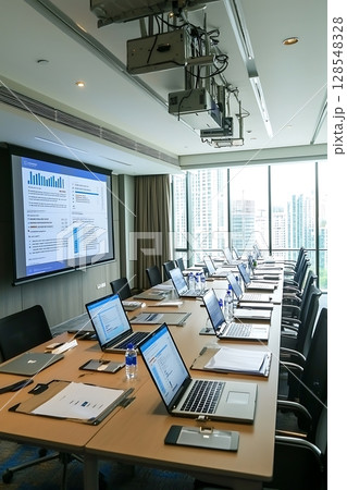 A large conference room with a projector screen 128548328