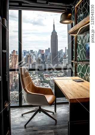 A view of New York City from a window in a room with a desk and a chair 128548330