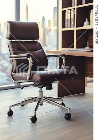 A leather office chair with a headrest sits in front of a desk 128548331