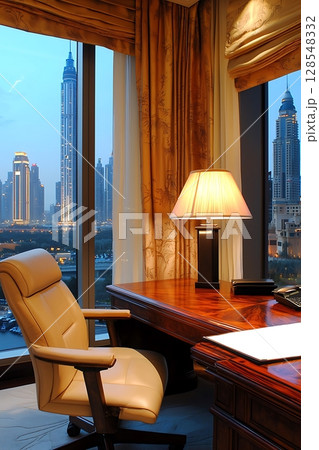 A desk with a lamp and a chair in front of a window with a city view 128548332