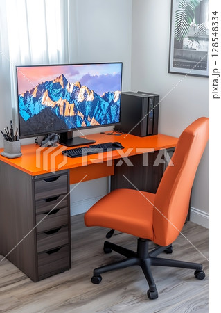 A computer desk with a monitor and keyboard on it 128548334