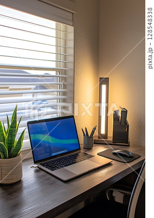 A laptop is open on a desk with a mouse and a keyboard 128548338