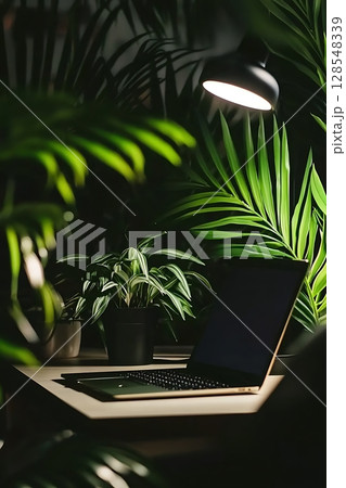 A laptop is on a desk next to a potted plant 128548339