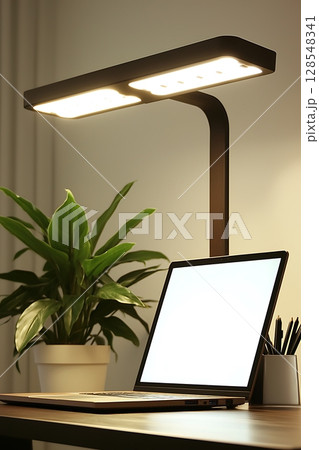 A laptop is open on a desk next to a potted plant 128548341