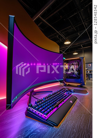 A computer monitor and keyboard are set up in a room with purple lighting 128548342