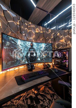 A computer gaming setup with a large monitor and a keyboard 128548343