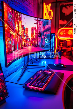 A computer desk with a large monitor, keyboard, and mouse 128548344