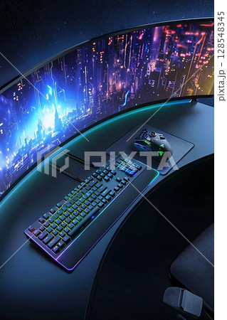 A computer monitor is on a desk with a keyboard and a mouse 128548345