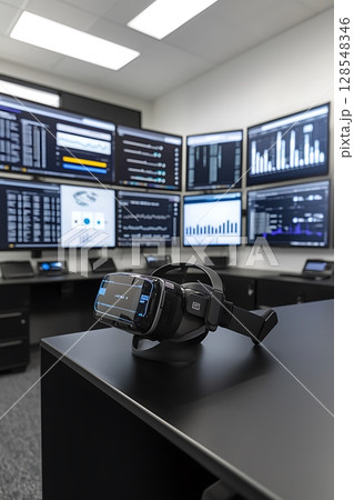 A black desk with a virtual reality headset on it 128548346