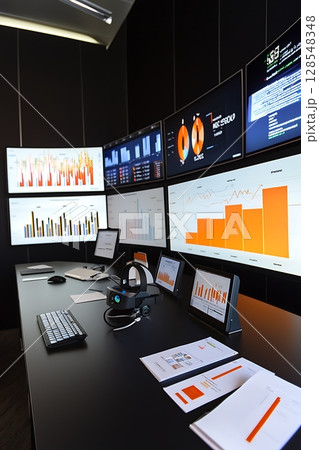 A computer desk with a number of monitors and a keyboard 128548348