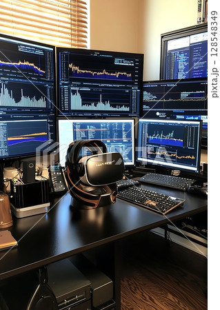 A computer desk with a headset and a computer monitor 128548349