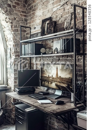 A computer desk with a monitor and keyboard on it 128548356